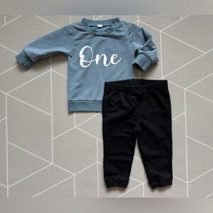 First impression|Baby boy/toddler ‘One' Blue crewneck Sweatshirt & Black Joggers